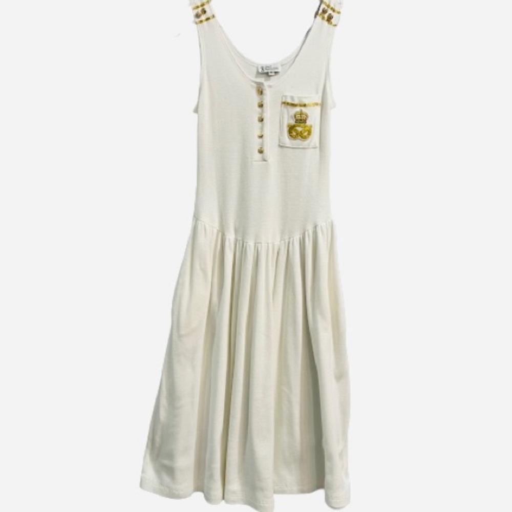 Vintage Nautical Sundress Sweet Inspirations CA White Knit Gold Buttons Pockets